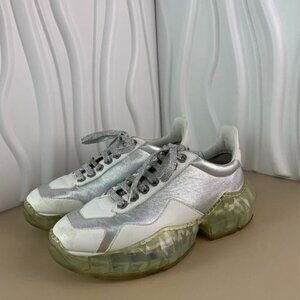 Jimmy Choo Ladies Low-Top Diamond Clear Sole Sneakers White & Silver Size 37.5 M